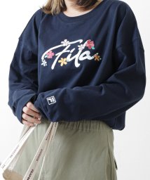 ZIP FIVE(ジップファイブ)/筆記体刺繍＆韓国風＆花刺繍ロゴ長袖Tシャツ/ネイビー