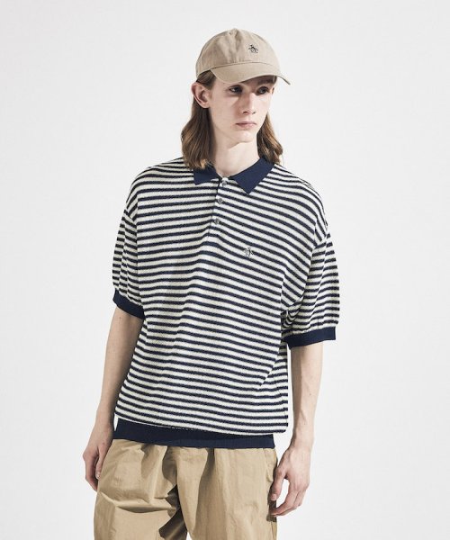 Penguin by Munsingwear(ペンギン　バイ　マンシングウェア)/CREPE WEAVE BORDER KNIT POLO SHIRT / クレープウェーブボーダーニットポロシャツ/ネイビー