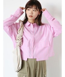 ehka sopo(エヘカソポ)/ショート丈ストライプビックポケットシャツ/ピンク