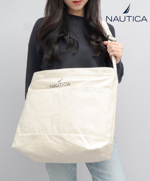 AMS SELECT(エーエムエスセレクト)/NAUTICA ノーティカ 12オンス 大容量 帆布 ビッグショルダーバッグ 通勤 通学 旅行 キャンバス メンズ レデイース/オフホワイト