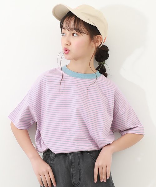 devirock(デビロック)/ビッグシルエット ボーダー 半袖Tシャツ 子供服 キッズ ベビー 男の子 女の子 トップス 半袖Tシャツ Tシャツ /ピンク