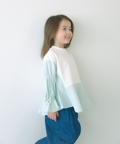 green label relaxing （Kids）(グリーンレーベルリラクシング（キッズ）)/裏毛 袖ストライプ プルオーバー 100cm－130cm/OFFWHITE