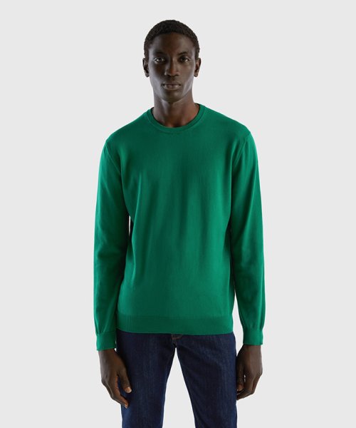 BENETTON (mens)(ベネトン（メンズ）)/コットン100％無地クルーネック長袖ニットセーターC/グリーン