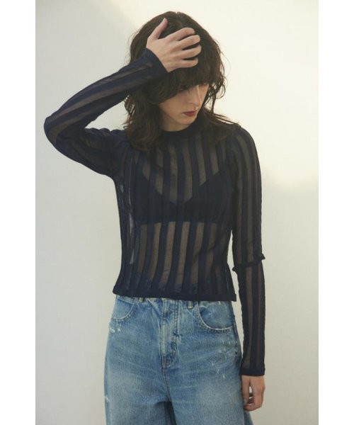 BLACK BY MOUSSY(ブラックバイマウジー)/sheer stripe tops/NVY