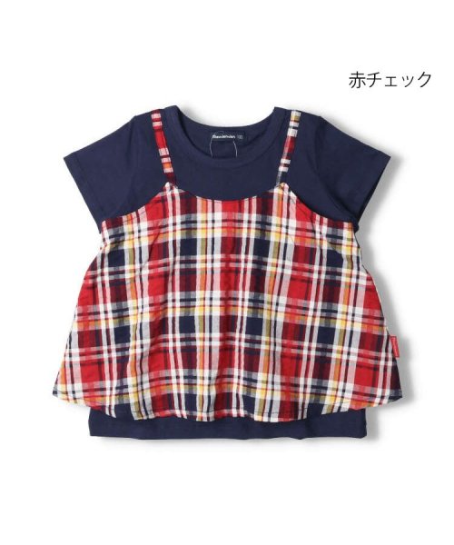 moujonjon(ムージョンジョン)/【子供服】 moujonjon (ムージョンジョン) マドラスチェックレイヤード風半袖Tシャツ 80cm～140cm M42803/レッド