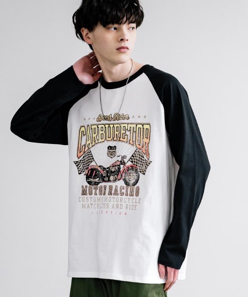 Rocky Monroe(ロッキーモンロー)/ロンT ラグラン 長袖 メンズ レディース カットソー Tシャツ プリント カレッジ 天竺ボディ ロゴ 綿 コットン 古着 リラックス ルーズ ビッグシルエット/ホワイト