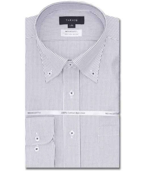 TAKA-Q(タカキュー)/綿100％ ノーアイロン スタンダードフィット ボタンダウン 長袖 シャツ メンズ ワイシャツ ビジネス ノーアイロン 形態安定 yシャツ 速乾/ネイビー