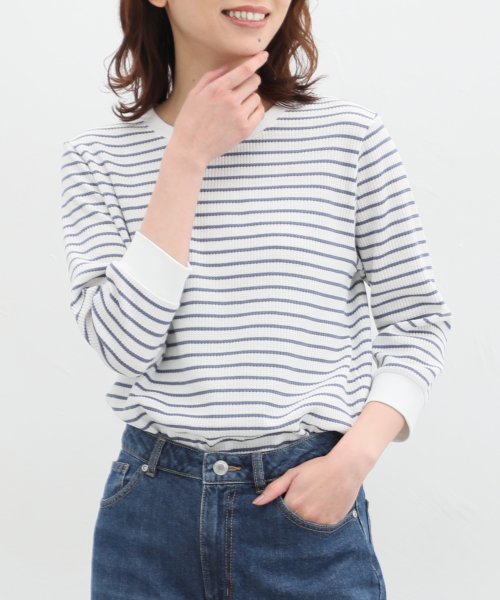 Honeys(ハニーズ)/７分袖ワッフルクルーＴ トップス Tシャツ レディース 無地 ボーダー 7分袖 綿混 /オフホワイト系1