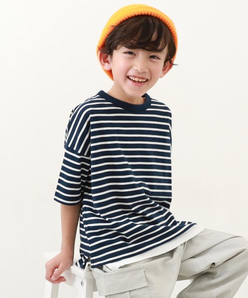 devirock(デビロック)/ボーダーゆるっとTシャツ 子供服 キッズ ベビー 男の子 女の子 トップス 半袖Tシャツ Tシャツ /ネイビー系1