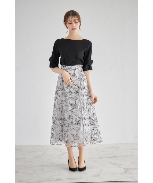 バックレースアップフラワー刺繍パイピングフレアスカート(505909326  