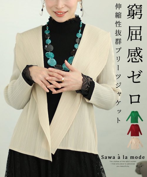 Sawa a la mode(サワアラモード)/レディース 大人 上品 窮屈感ゼロ伸縮性抜群プリーツジャケット/ベージュ