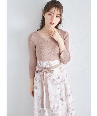 tocco closet/ウエストりぼん付きリブニット×フラワープリントドッキングワンピース/505931794