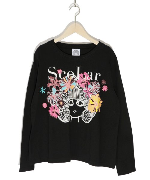 ScoLar(スカラー)/花とスカラーちゃんプリント ロングスリーブTシャツ/ブラック