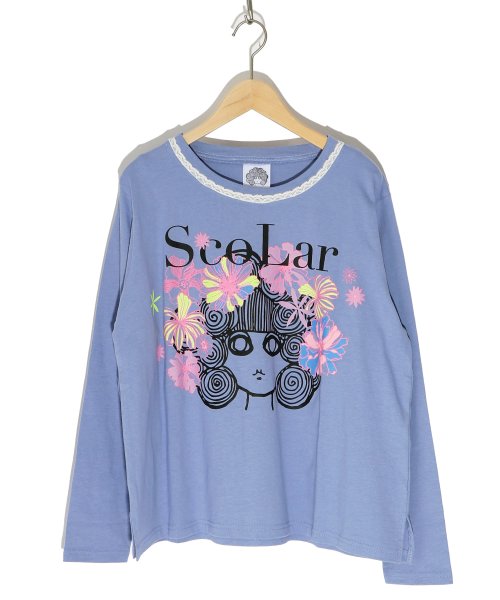 ScoLar(スカラー)/花とスカラーちゃんプリント ロングスリーブTシャツ/ブルー