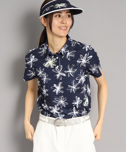 【UVカット/防透け】ラインフラワー柄 半袖ポロシャツ 