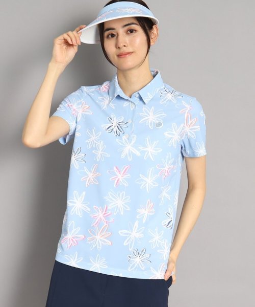 【UVカット/防透け】ラインフラワー柄 半袖ポロシャツ 