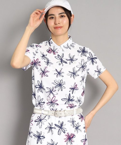 【UVカット/防透け】ラインフラワー柄 半袖ポロシャツ 