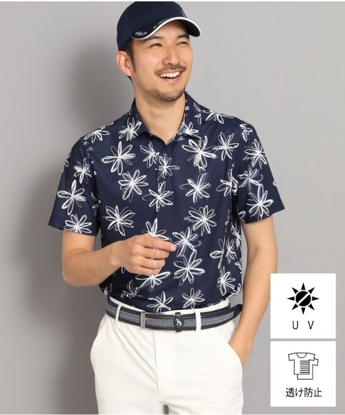 【UVカット/防透け】ラインフラワー柄 半袖ポロシャツ 
