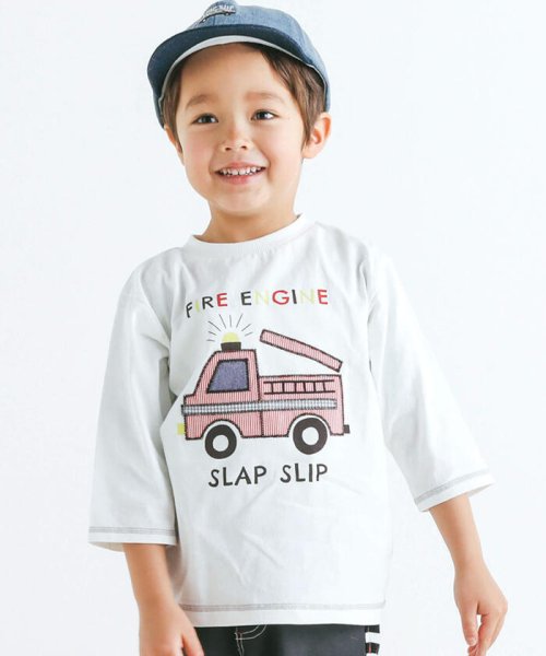 SLAP SLIP(スラップスリップ)/消防車パッチ刺しゅう7分袖Tシャツ(80~130cm)/ホワイト