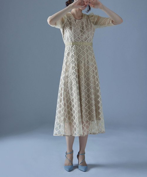 etoll. エトル フラワーダイアゴナルチェックフレアドレス ワンピース ワンピ ドレス 五分袖 ロング マキシ丈 オケワンピ スクエアネック フレア レース etoll エトル 45cm