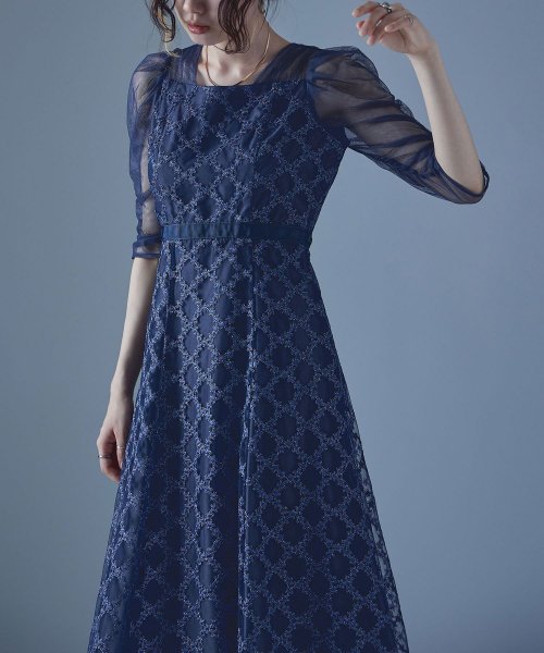 etoll. エトル フラワーダイアゴナルチェックフレアドレス ワンピース ワンピ ドレス 五分袖 ロング マキシ丈 オケワンピ スクエアネック フレア レース etoll エトル 45cm