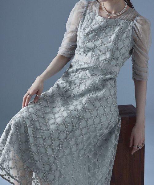 etoll. エトル フラワーダイアゴナルチェックフレアドレス ワンピース ワンピ ドレス 五分袖 ロング マキシ丈 オケワンピ スクエアネック フレア レース etoll エトル 45cm