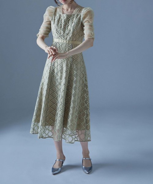 etoll. エトル フラワーダイアゴナルチェックフレアドレス ワンピース ワンピ ドレス 五分袖 ロング マキシ丈 オケワンピ スクエアネック フレア レース etoll エトル 45cm