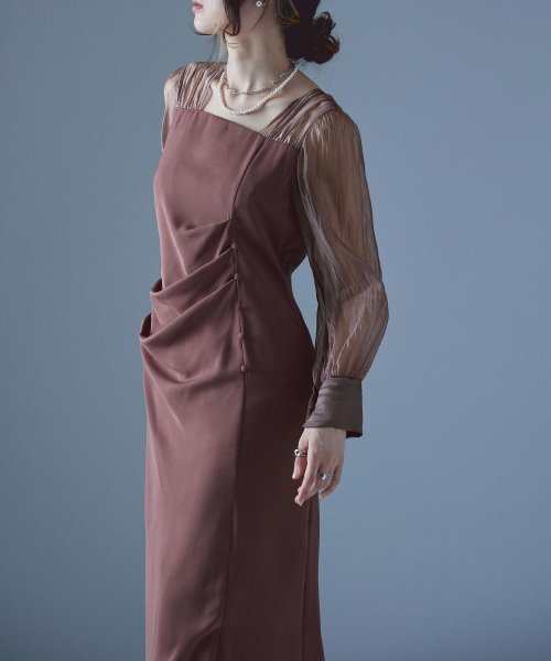 etoll. エトル ドレープデザインIラインドレス ワンピース ワンピ ドレス 長袖 オケージョン オケワンピ タイト ロング ペンシルシルエット Iライン etoll エトル