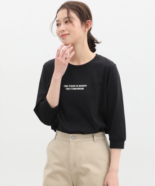 Honeys(ハニーズ)/７分袖ロゴプリントＴ トップス Tシャツ カットソー ロンT ロゴT 綿１００％ /ブラック