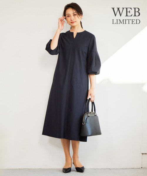 JIYU-KU（SMALL SIZE）(自由区（小さいサイズ）)/【WEB限定・洗える】カラミストレッチパフスリーブ ワンピース/ネイビー系