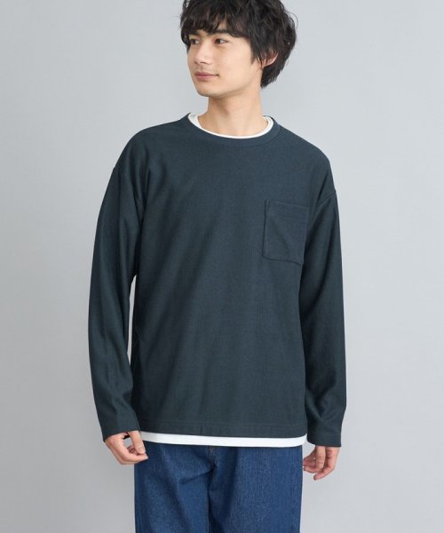 coen(coen)/コットンタッチワッフルフェイクレイヤードロングスリーブTシャツ/NAVY