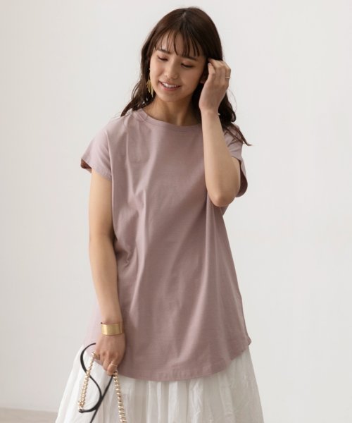 ad thie(アドティエ)/フレンチスリーブ 半袖Tシャツ ラウンド裾 半袖 ロング丈 コットン100％ 綿 春 夏 チュニック ゆったり/ダークピンク