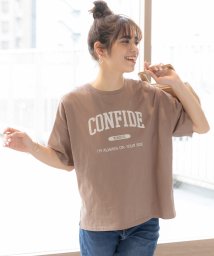 ad thie(アドティエ)/CONFIDE プリント カレッジロゴ ショート丈 サイドスリット コットン Tシャツ 半袖 ゆったり 春 夏/モカ