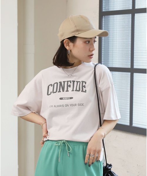 ad thie(アドティエ)/CONFIDE プリント カレッジロゴ ショート丈 サイドスリット コットン Tシャツ 半袖 ゆったり 春 夏/グレー