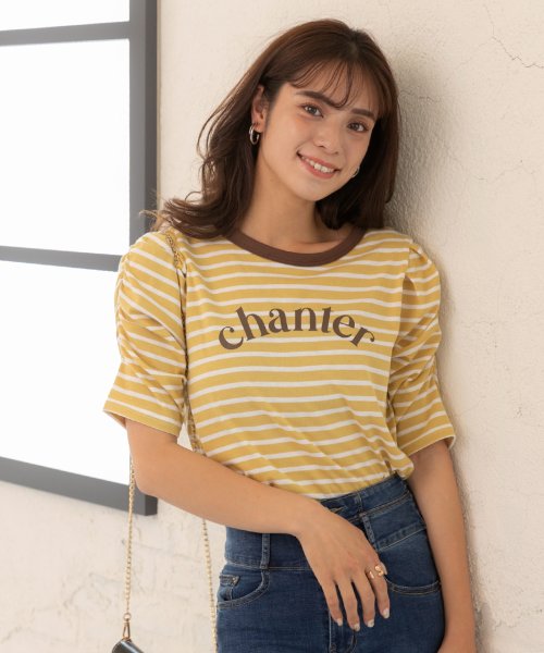 ad thie(アドティエ)/パワショルプリント入りボーダーTシャツ パワーショルダー 袖コンシャス 夏/イエロー