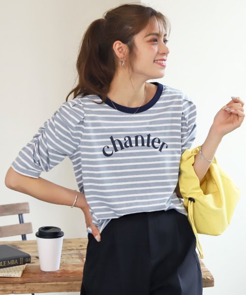 ad thie(アドティエ)/パワショルプリント入りボーダーTシャツ パワーショルダー 袖コンシャス 夏/ブルー