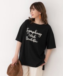 ad thie(アドティエ)/SYMPHONYロゴプリントTシャツ ビックシルエット 半袖 サイドスリット ロング丈 チュニック 春 夏/ブラック