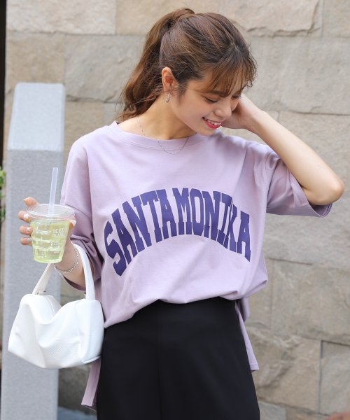 ad thie(アドティエ)/SANTAMONIKA プリントTシャツ ビックシルエット 半袖 サイドスリット ロング丈 チュニック 春 夏/パープル