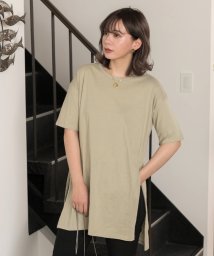 ad thie(アドティエ)/サイド深めスリットTシャツ ビックシルエット 半袖 サイドスリット ロング丈 チュニック 夏/カーキ