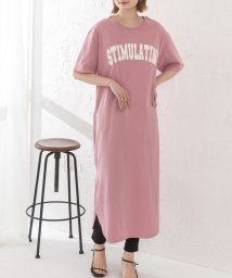 ad thie(アドティエ)/Tシャツワンピース 半袖 ロゴスウェット ロゴプリント スリット入り 夏/ピンク