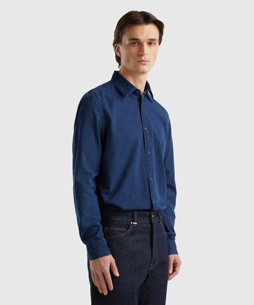 BENETTON (mens)(ベネトン（メンズ）)/長袖コットンドビーウォッシュデニムシャツ/ブルー