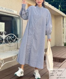 ad thie(アドティエ)/バルーンスリーブバンドカラーシャツワンピース 無地ストライプ 秋服 秋 冬服 冬/ネイビー