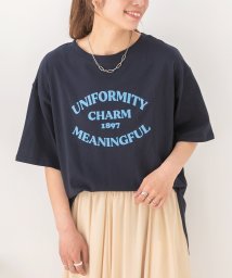 ad thie(アドティエ)/裾ラウンド・オーバーサイズロゴプリントTシャツ/ネイビー