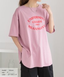 ad thie(アドティエ)/裾ラウンド・オーバーサイズロゴプリントTシャツ/ピンク