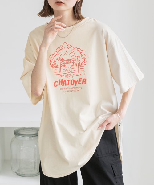 ad thie(アドティエ)/裾ラウンド・オーバーサイズ キャンプモチーフロゴTシャツ/アイボリー