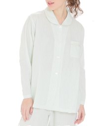 Narue(ナルエー)/ダブルガーゼシンプルストライプシャツパジャマ上下セット/グリーン