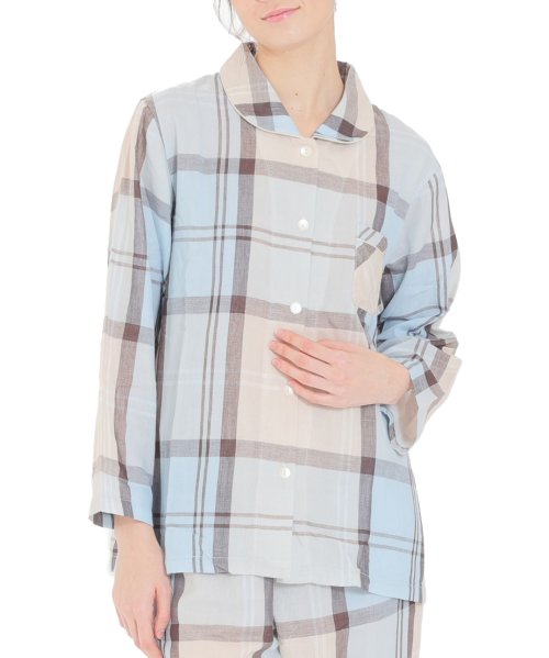 Narue(ナルエー)/ダブルガーゼルームチェックシャツパジャマ上下セット/ブルー
