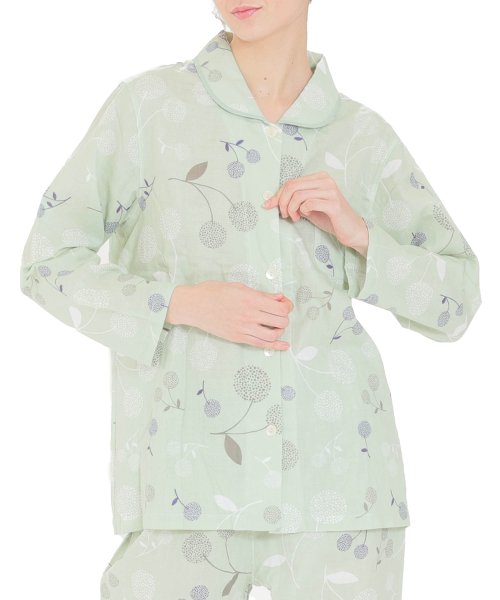 Narue(ナルエー)/ダブルガーゼドットチェリーシャツパジャマ上下セット/グリーン