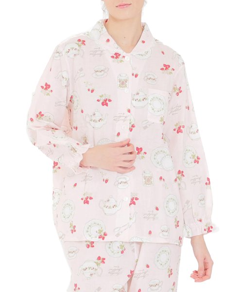 Narue(ナルエー)/ダブルガーゼストロベリーカトラリーシャツパジャマ上下セット/ピンク