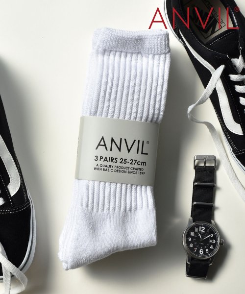 ANVIL(ANVIL)/【ANVIL】「消臭加工」パイル 3足セット 3パック クルー ソックス 靴下  /3P Crew Socks/ANS050 アンビル アンヴィル/ホワイト